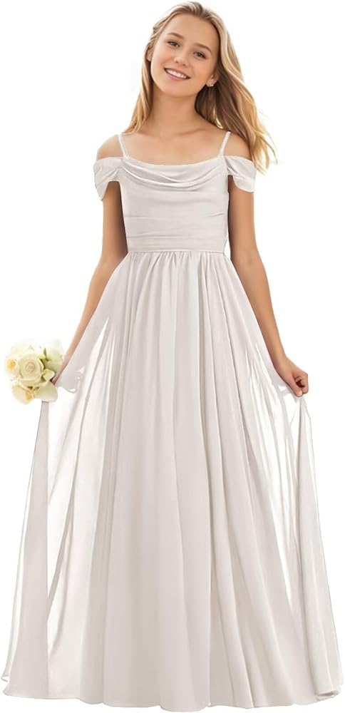 POMUYOO Cold Shoulder Floor Length Chiffon Junior Bridesmaid Dress for Wedding Teen Girls Party Pageant Gowns YG339