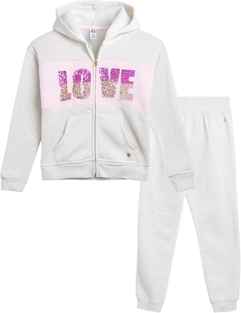 RBX Girls' Active Sweatsuit Set - 2 Piece Fleece Hoodie Sweatshirt and Sweatpants - Sequin Jogger Pants Set for Girls (7-12)