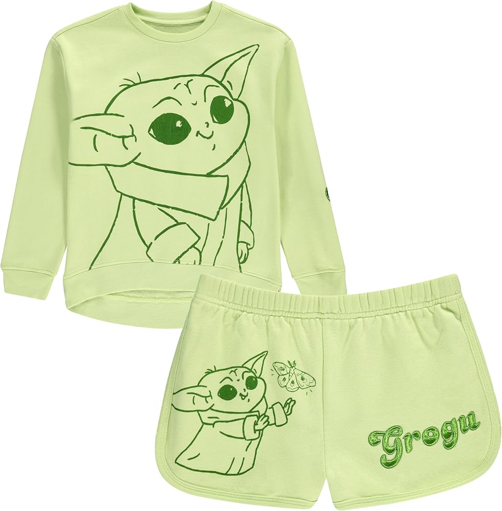 STAR WARS Girls Baby Yoda Crewneck Sweatshirt and Shorts Clothing Set- Little and Big Girl Sizes 4-16