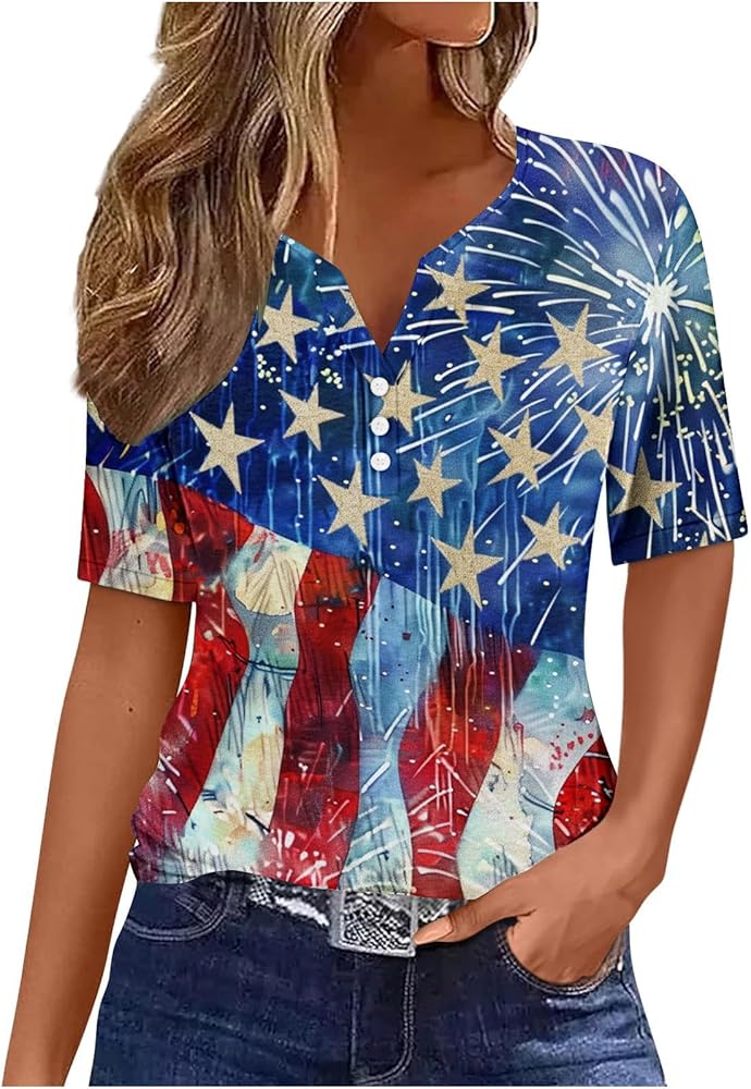 Patriotic TopsWomen Button Henley Shirts 4th of July Short Sleeve Summer T-Shirts Trendy Art USA Flag Print Blouses