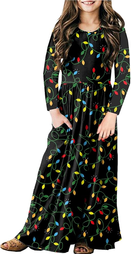 Girl's Christmas Maxi Dress Winter Festive Party Long Sleeve Christmas Lights Long Dress 11-12 Years