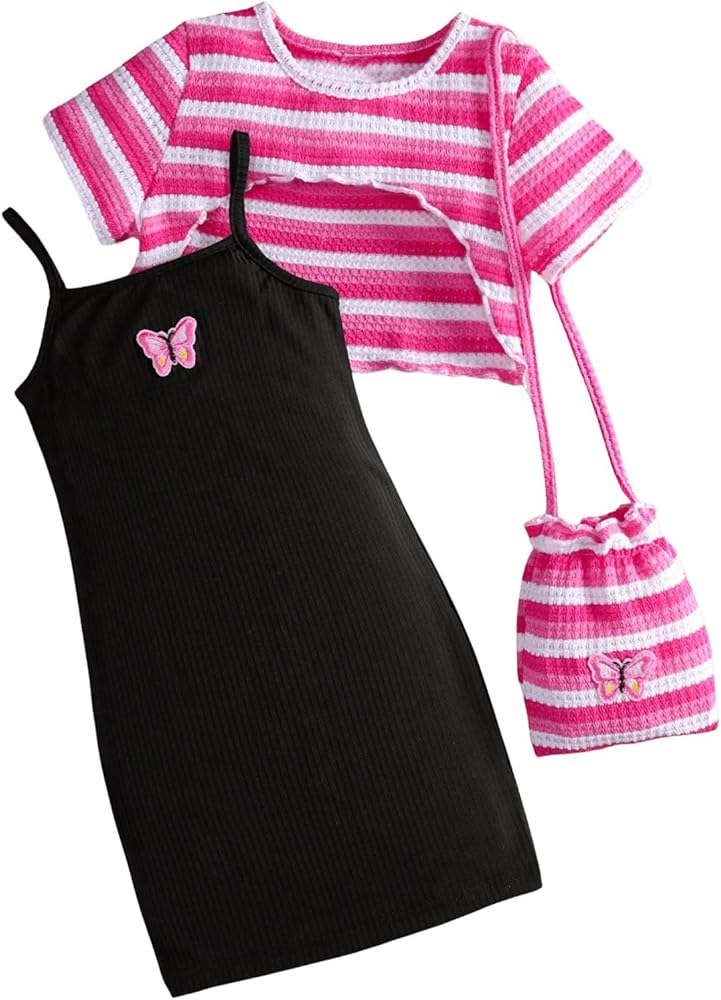 Floerns Toddler Girl's 3 Piece Stripe Super Crop Top Tee Cami Dress with Crossbody Bag