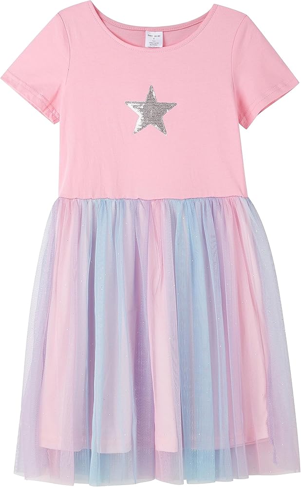 DaniChins Girl Knit Short-Sleeve Tutu Dress Colorful Tulle Sparkle Dress