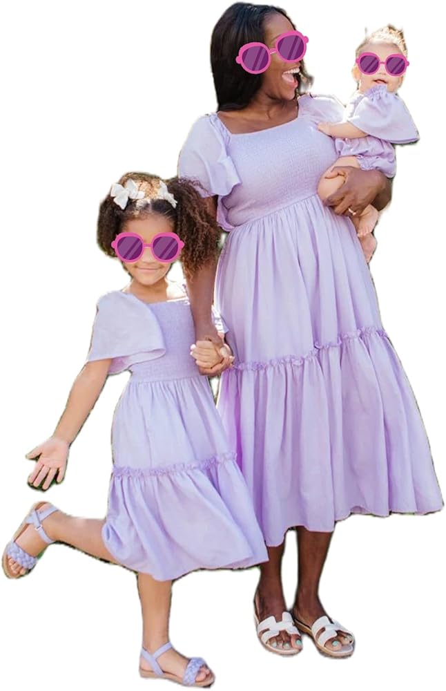 NUFIWI Mommy and Me Matching Midi Dress Summer Puffy Sleeve Flowy Long Dress for Mother Daughter Family Outfits Set