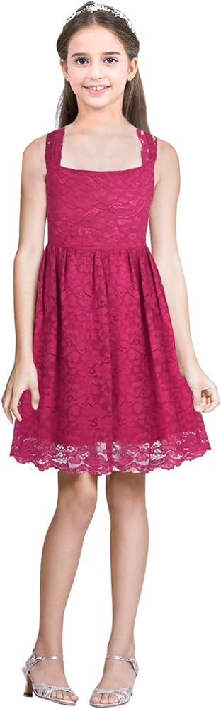 iEFiEL Big Girls Floral Lace Cutout Back Flower Girl Dress Junior Wedding Bridesmaid Graduation Party Prom Gown