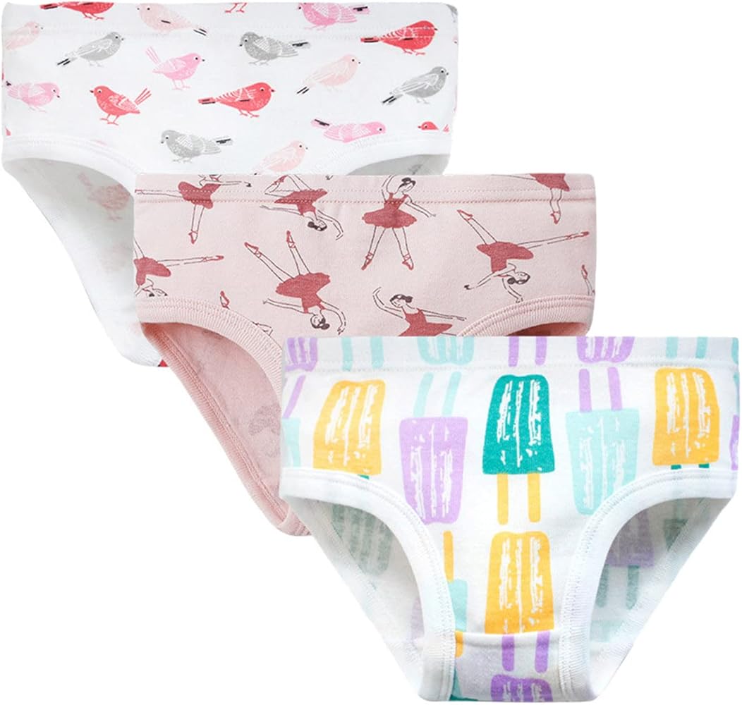 Toddler Girls' Organic Cotton Underwear Cartoon Print Briefs Undies Soft Comfortable Breathable Pack of 3