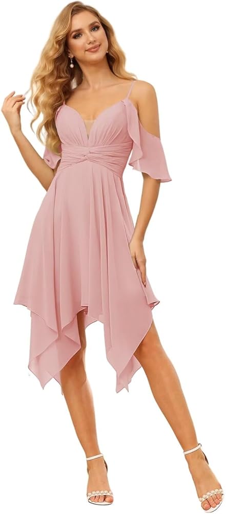 Miao Duo Women's Off Shoulder Chiffon Bridesmaid Dresses Short with Pockets Ruffle A Line Formal Dresses with Slit YZTS144