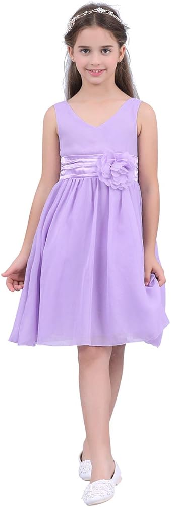 Kids Girls Flower Girl Chiffon Bowknot Back Sleeveless V-Neck A-line Wedding Dress Party Dress