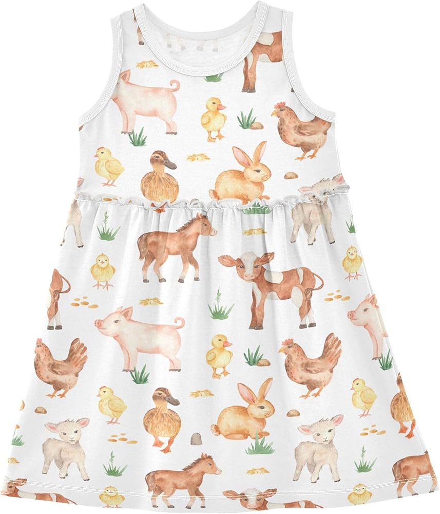 Cute Cartoon Farm Animals Summer Girl Dress Sleeveless Dresses Baby Toddler Girl Outfits Girls Clothes Size 2t-8Y