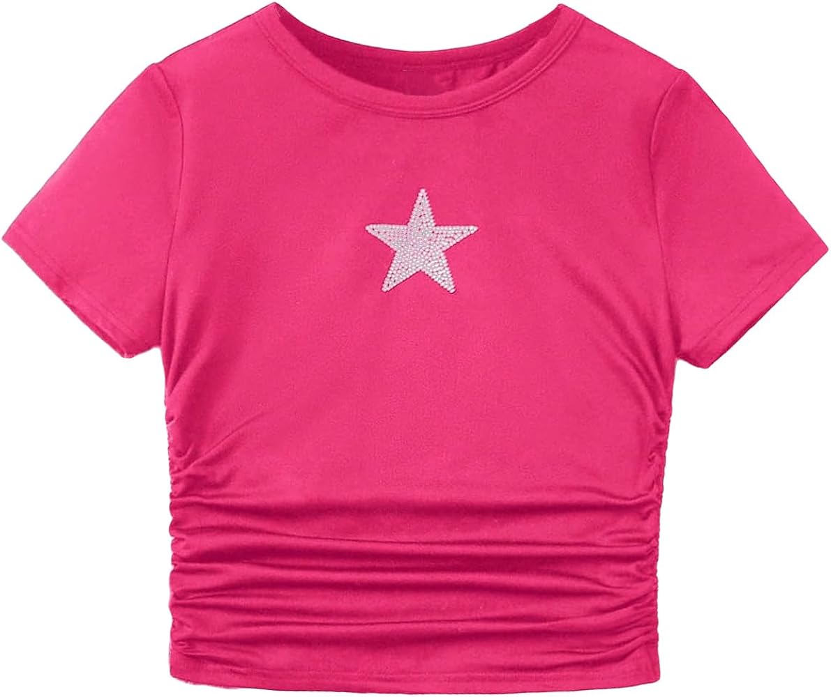 SOLY HUX Girl's Crop Top Graphic Tee Summer Round Neck Short Sleeve Pattern Ruched Side T-Shirts