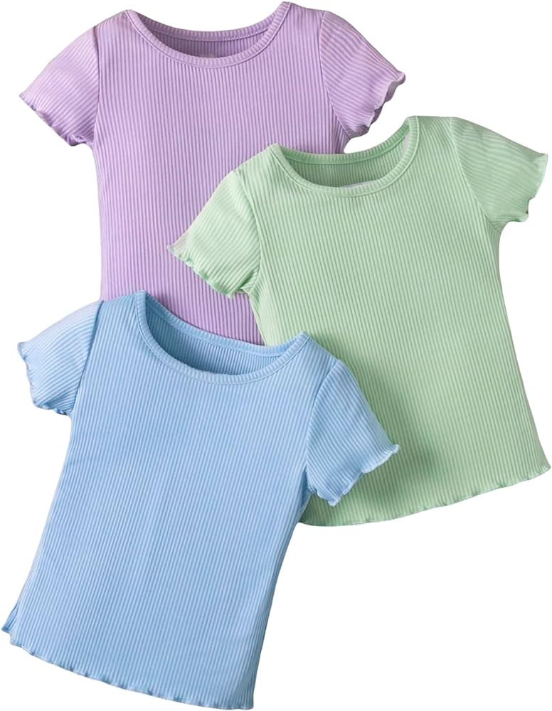 WDIRARA Toddler Girl's 3 Pack Round Neck Short Sleeve Lettuce Trim Rib Knit Tee T Shirt