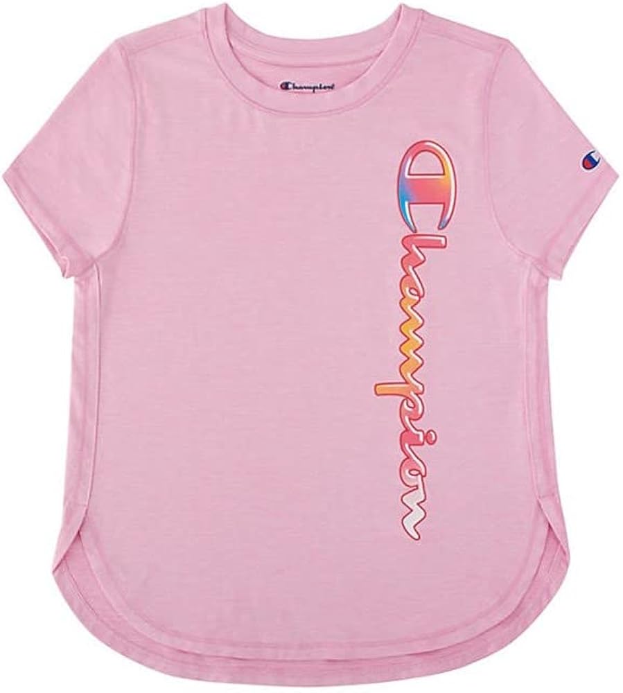 Champion Girls Shirt All Day Performance Short Sleeve Tech Athletic Tee Shirt Top Kids Clothing - Great for Gym, Sports and School, Pink, Large