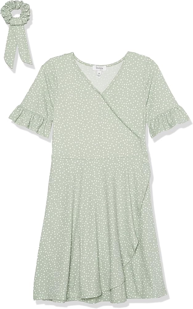 Speechless Girls' Short Sleeve Faux Wrap Knit Dress and Scrunchie