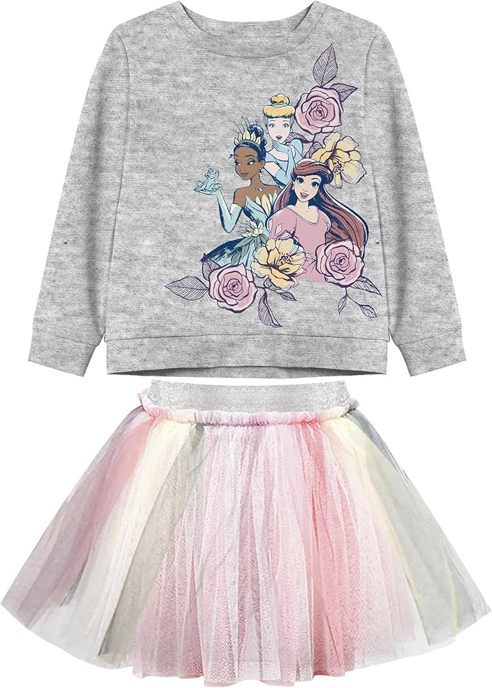 Disney Girls Princess Ariel Tiana Cinderella Sweatshirt and Tutu Skirt Set