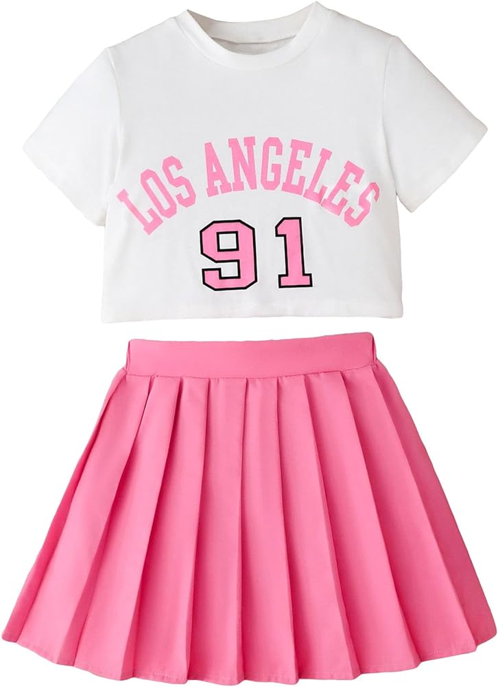 Verdusa Girl's 2 Piece Outfits Short Sleeve Crop Tee Top and Pleated Skirt Sets