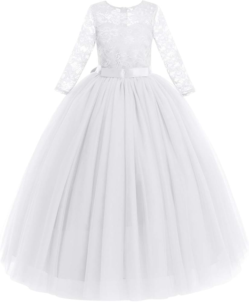 Flower Girls Long Lace Bridesmaid Dress 3/4 Sleeves Floor Length Wedding Party Evening Formal Pegeant Maxi Tulle Ball Gowns