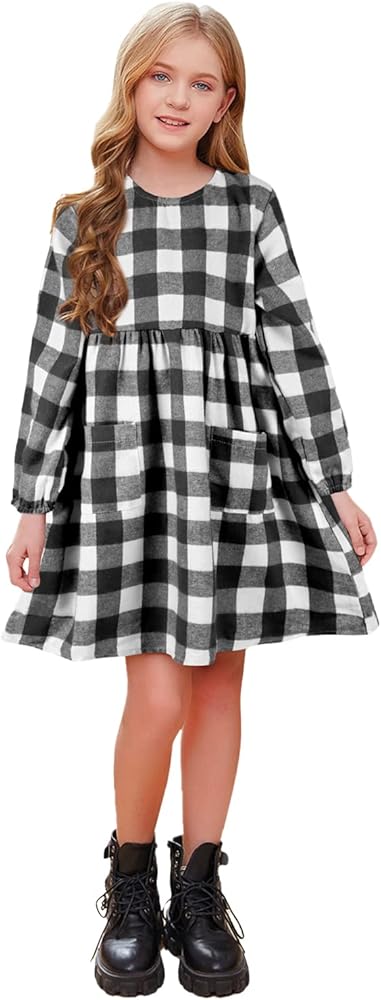 AGQT Plaid Dress for Girls Long Sleeve Round Neck Winter Shirt Dress Size 2-14T