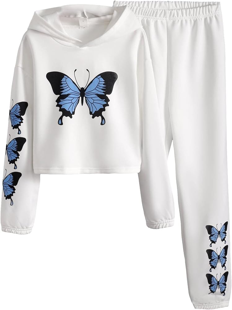 OYOANGLE Girl's 2 Piece Outfits Butterfly Print Long Sleeve Hoodie Sweatshirts and Jogger Sweatpants Set Tracksuit