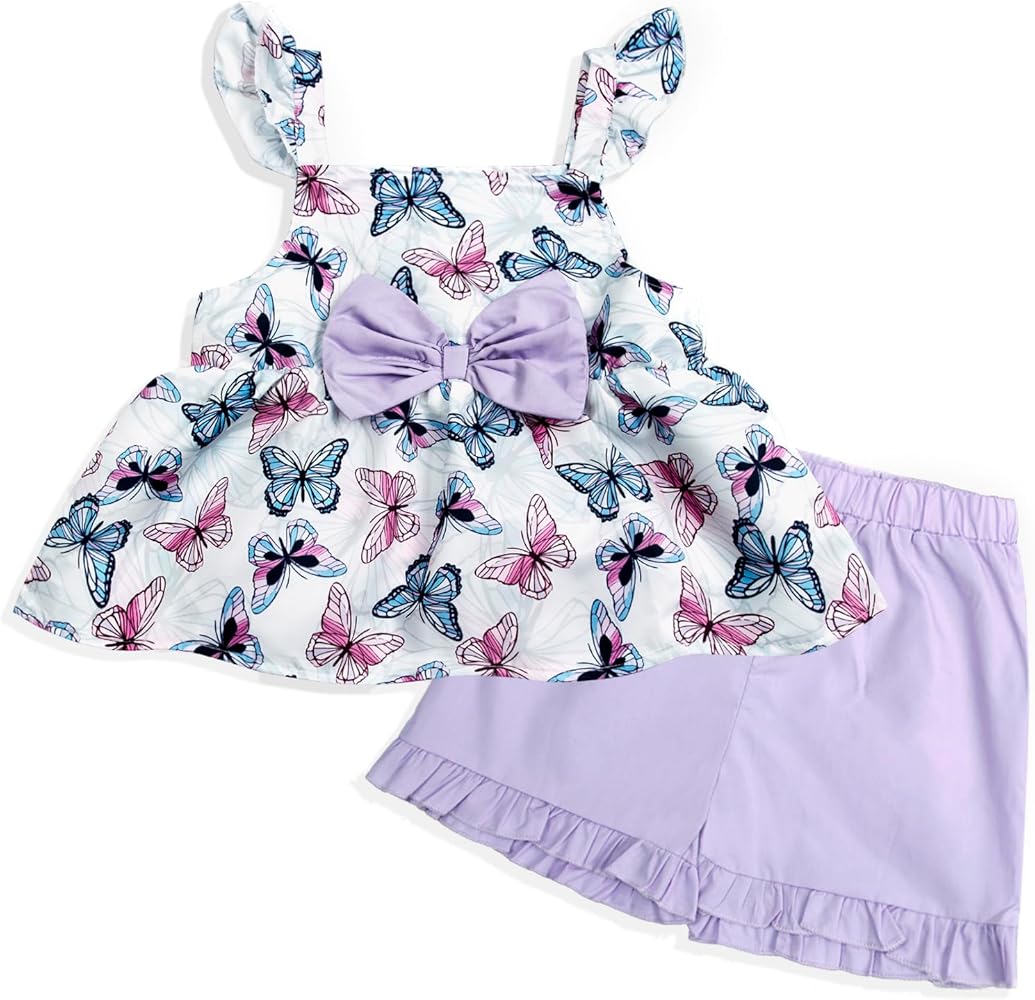 Toddler Girl Clothes Ruffle Sleeveless Floral Print Bowknot Tops Short Sets Summer Outfits for Little Kids Girls