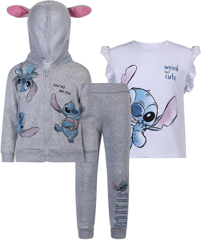 Disney Lilo and Stitch Girls Zip up Hoodie, T-Shirt and Pants Set for Toddlers and Big Kids – Grey/White