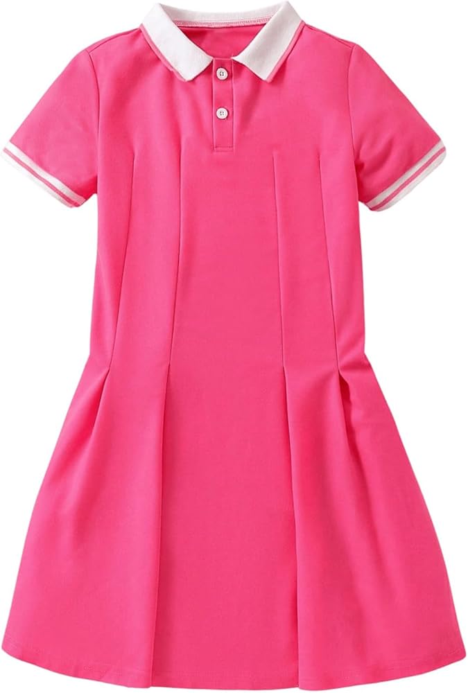 Floerns Girl's Short Sleeve A Line Dress Button Front Collar Neck Tennis Dress