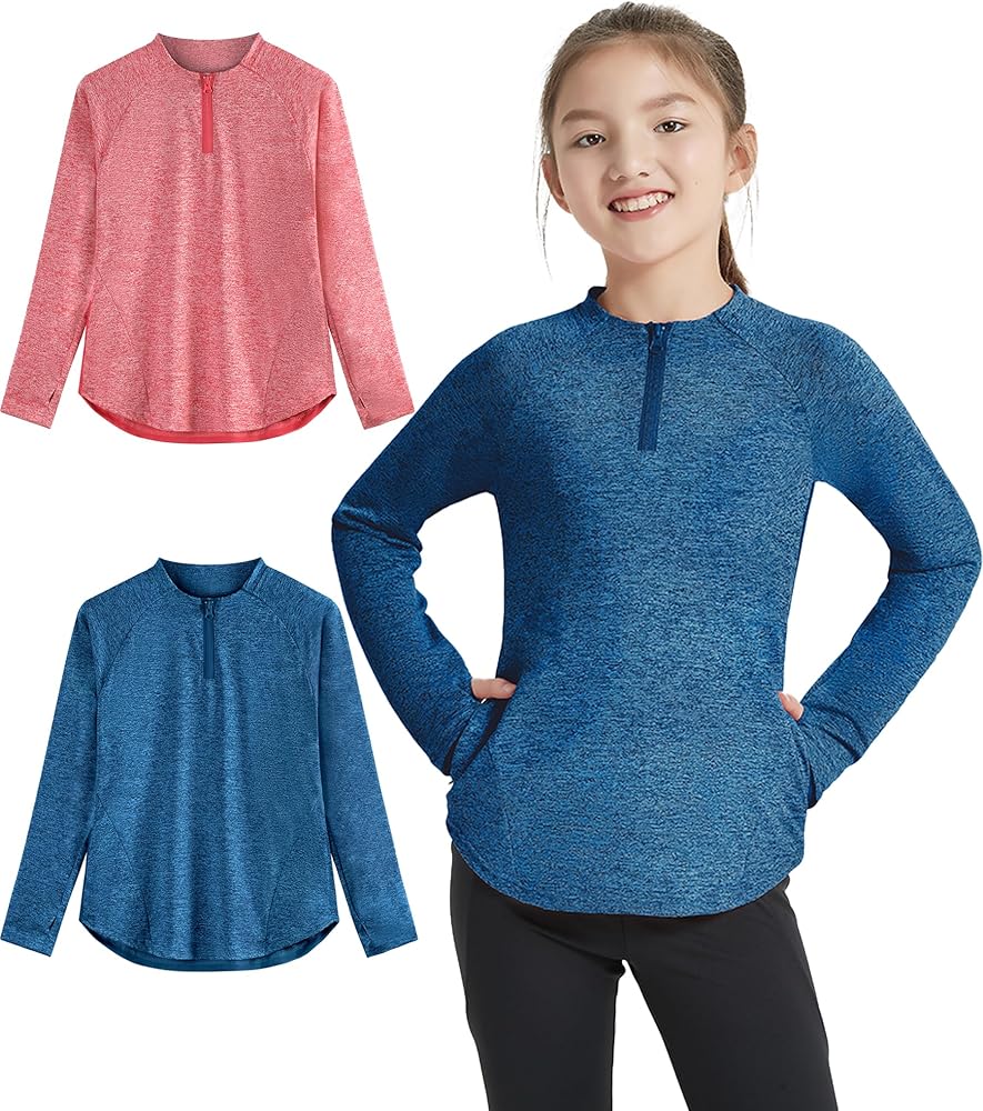 EXARUS Girls Long Sleeve Shirts Athletic Quick Dry Tops UPF 50+ with Pockets Thumb holes Workout Performance Tees Teens