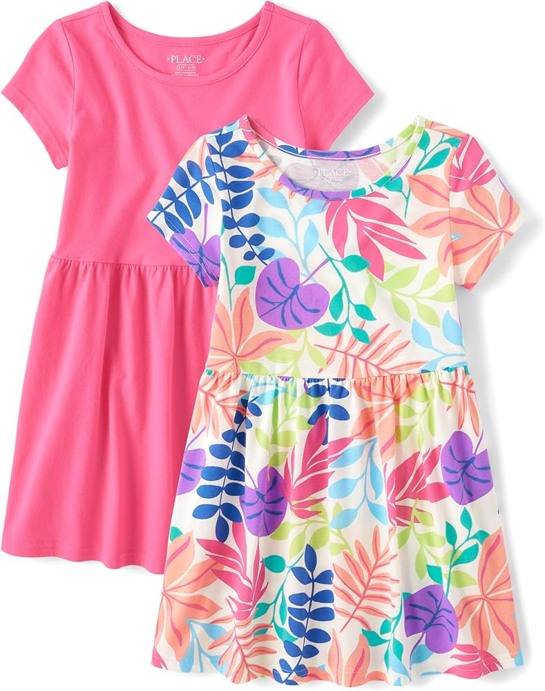 The Children's Place Girls' Short Sleeve Everyday Dresses, Pink Tropic 2-Pack