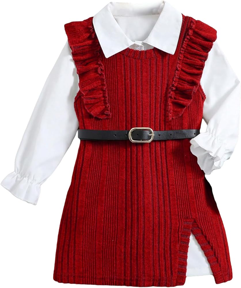 Floerns Toddler Girls 2 Piece Outfit Collared Flare Long Sleeve and Knitted Ruffle Trim Dress Set