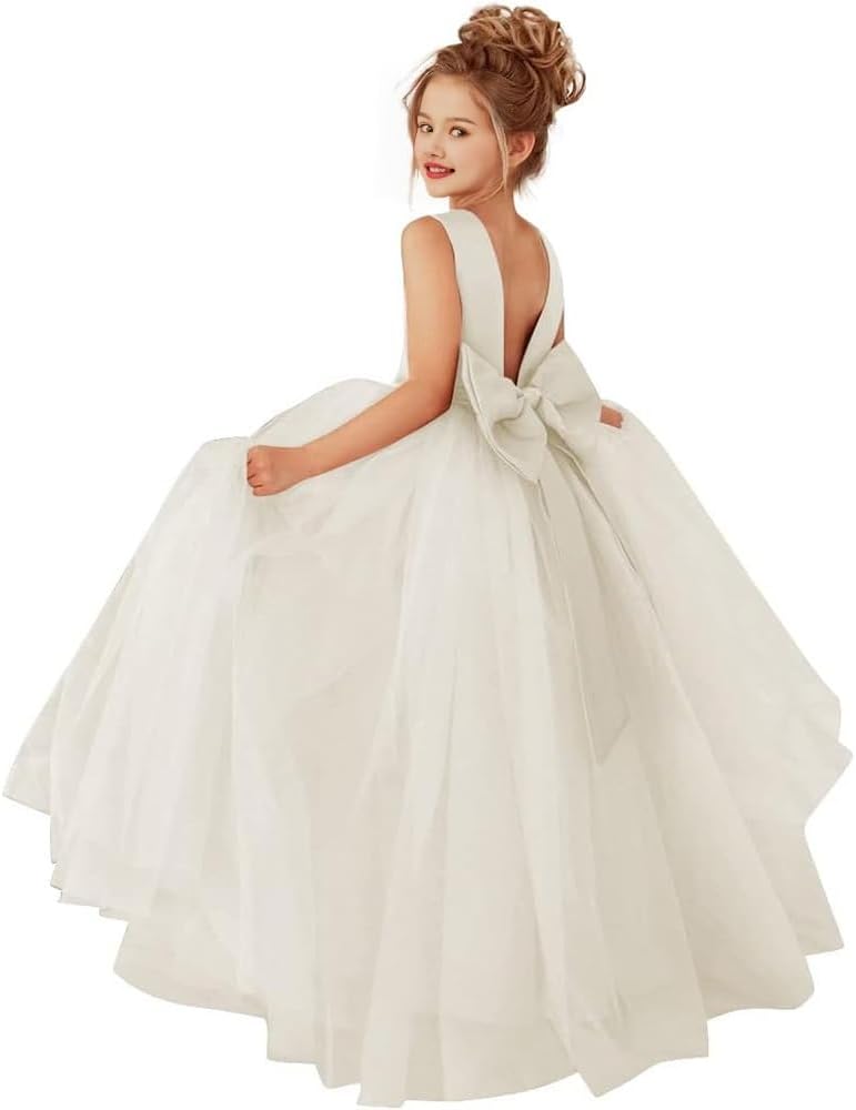 Princess Flower Girl Dress Round Neck Floor Length Pageant Dresses Ball Gown for Girls with Pearls and Bow-Knot