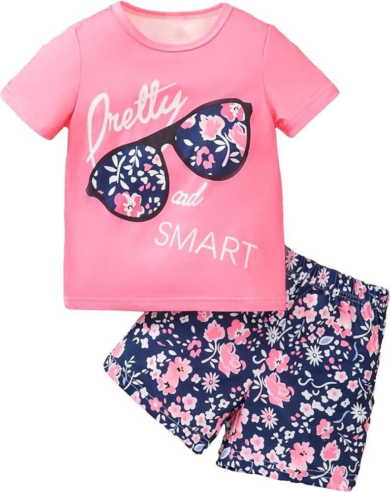 Floerns Girl's Two Piece Outfit Floral Print Short Sleeve Tee Shirt and Shorts Set