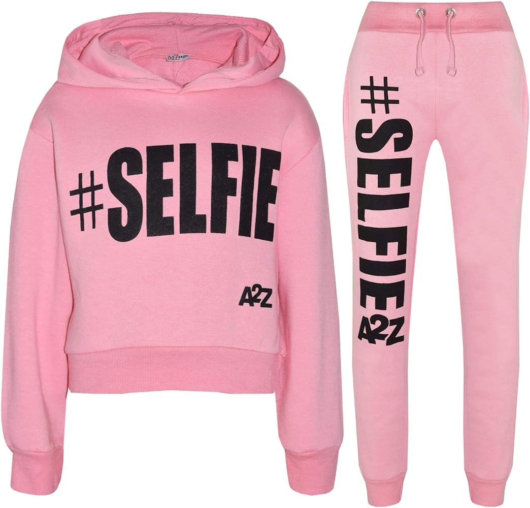 Kids Girls Tracksuit Designer #Selfie Hooded Crop Top & Bottom Jog Suit 5-13 Yr