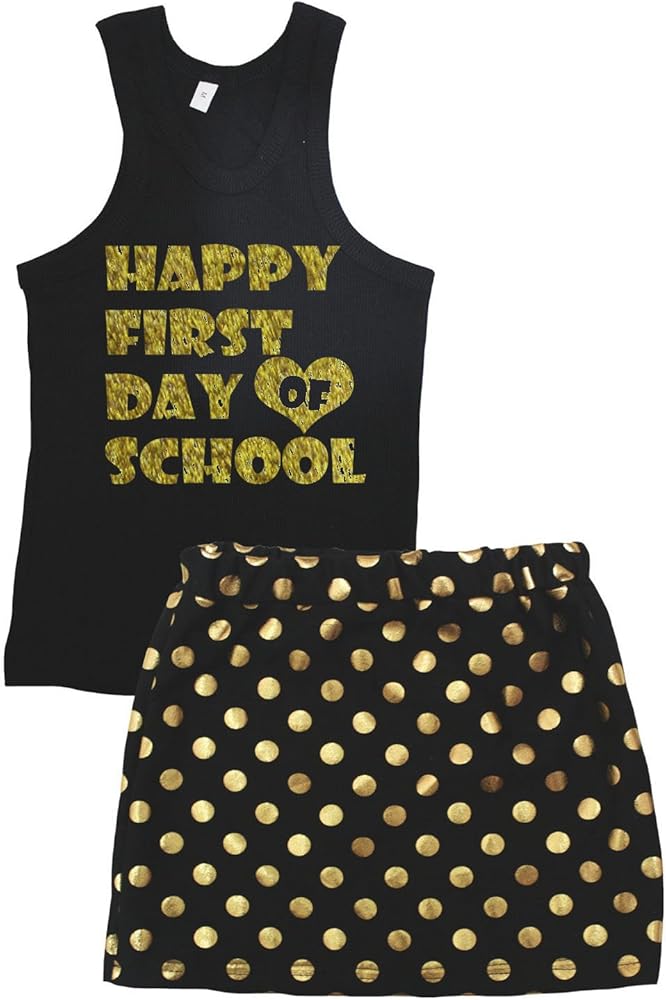 Petitebella Bling Happy First Day of School Black Vest Gold Dots Skirt Set 1-8y