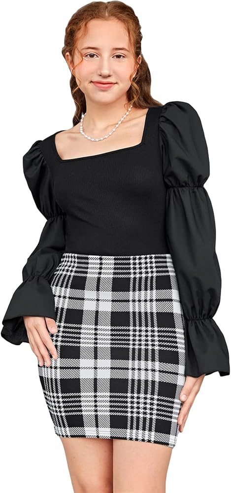 Milumia Girl's Two Piece Outfits Rib Knit Square Neck Long Sleeve Tee and Plaid Mini Skirt Set