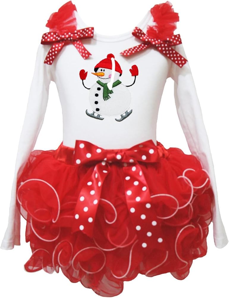 Christmas Dress Snowman White L/s Shirt Red Petal Skirt Dress Girl Outfit 1-8y