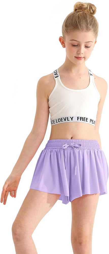 Girls Athletic Flowy Shorts with Spandex Liner 2-in-1 Kids Butterfly Short for Running,Sports,Fitness,Tennis