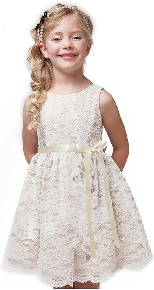 Ivory Flower Girl Lace Dress Bow Sash Children Communion D6