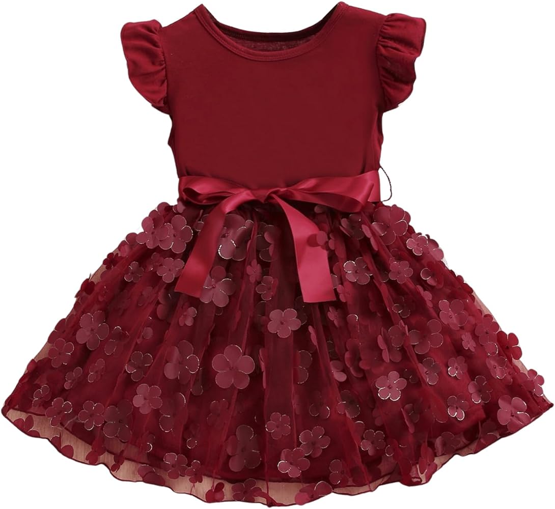 Floerns Toddler Girl's Mesh Floral Appliques Flounce Cap Sleeve Princess A Line Dress