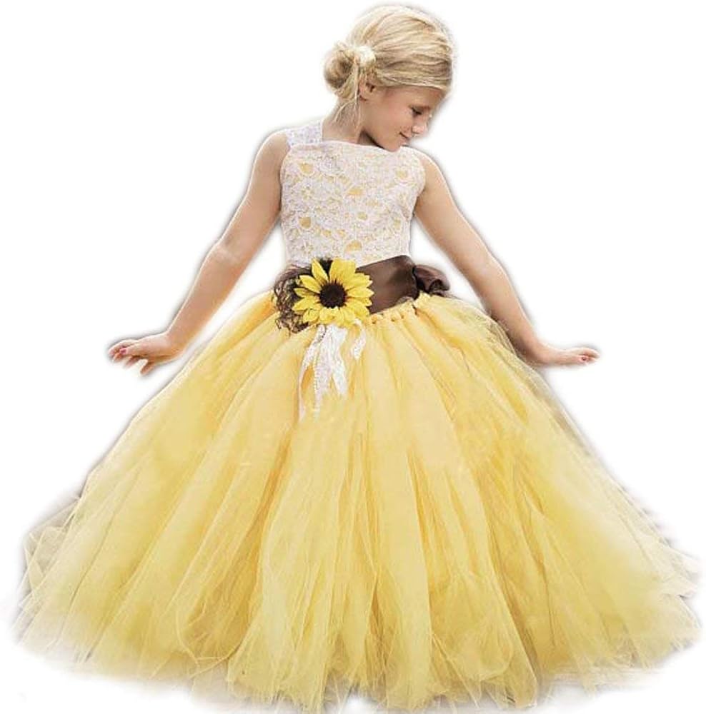 Yellow Tulle with Sunflower Belt Flower Girl Dress for Communion Pageant Dresses