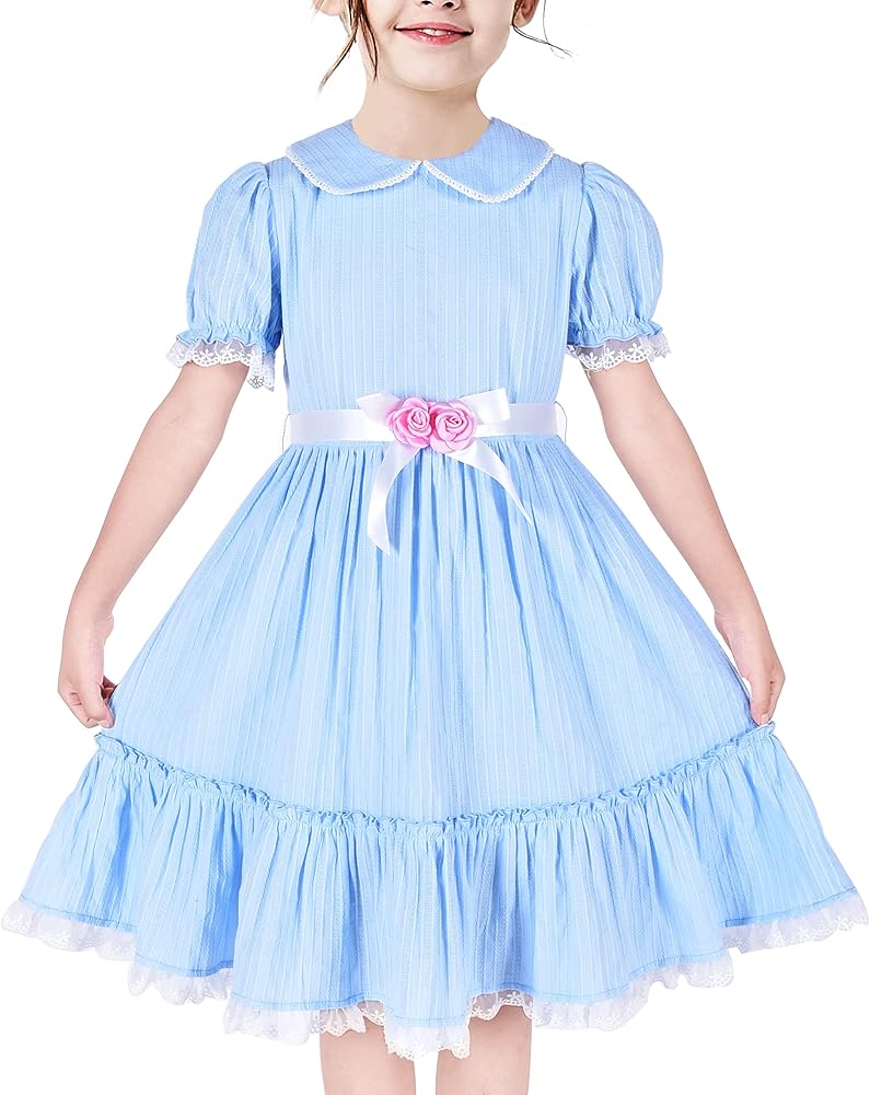 Sunny Fashion Girls Dress Blue Collar Pink Flower Scary Horror Twins Halloween