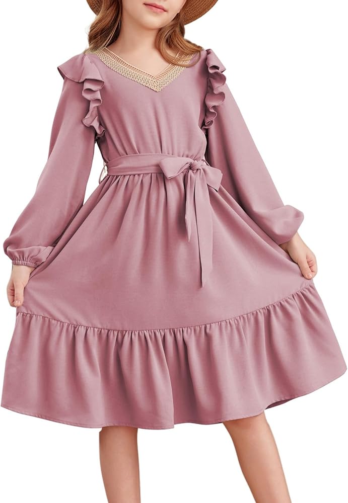 blibean Tween Girl Dresses Long Sleeve Kids Flare Wedding Guest Outfits Semi Midi Dress Size 8-9 Years Old Blush Pink