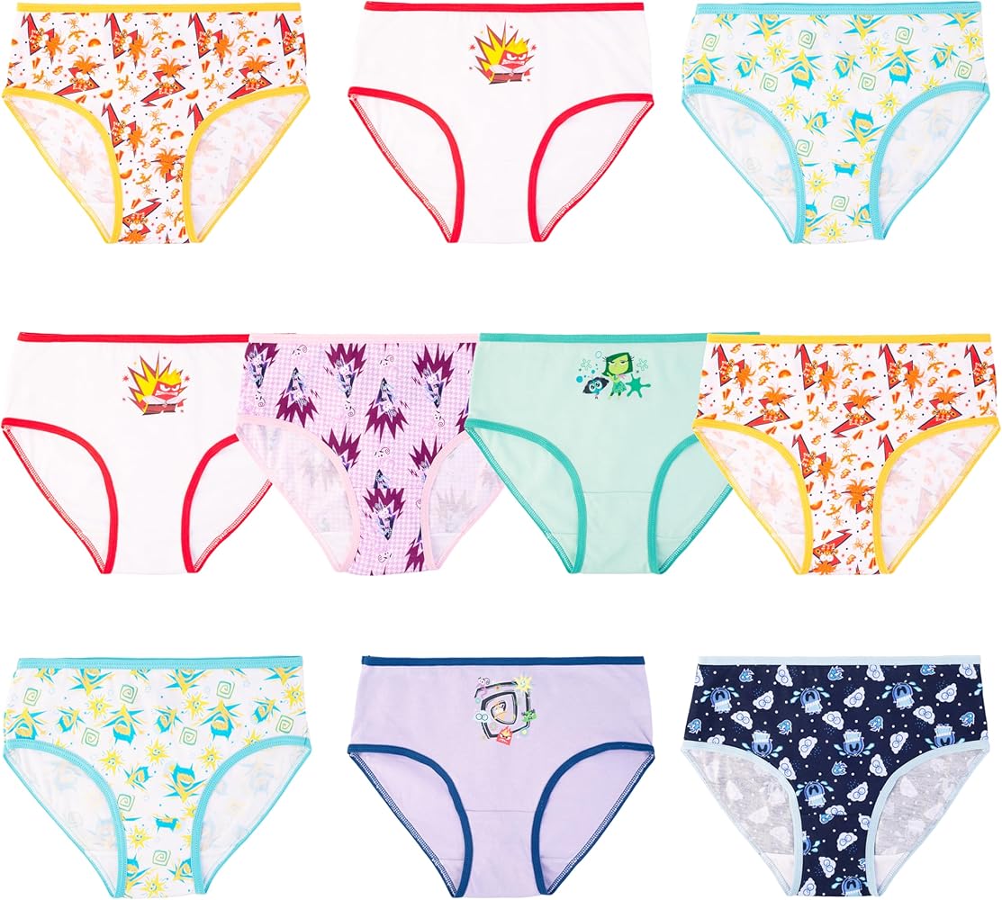 Disney Girls' Inside Out 2 Exclusive 10-Pack 100% Combed Cotton Panties Underwear in Sizes 4-8