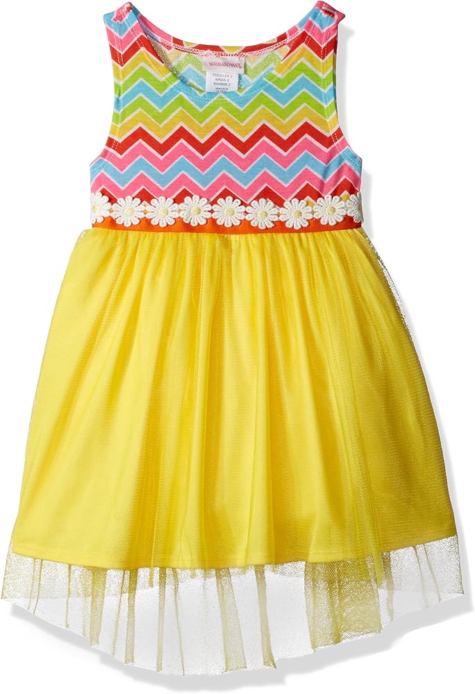 Youngland Girls' Toddler Chevron Knit to Mesh High Lo Dress with Daisy Trim