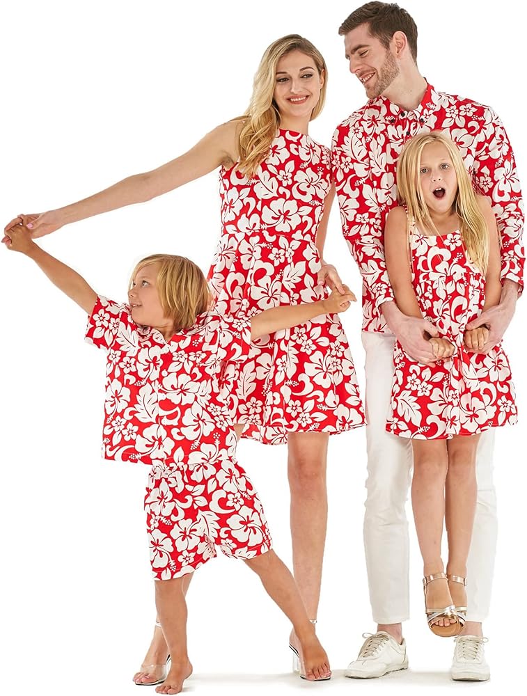 Matchable Family Hawaiian Luau Men Women Girl Boy Clothes in Classic Vintage Hibiscus Red