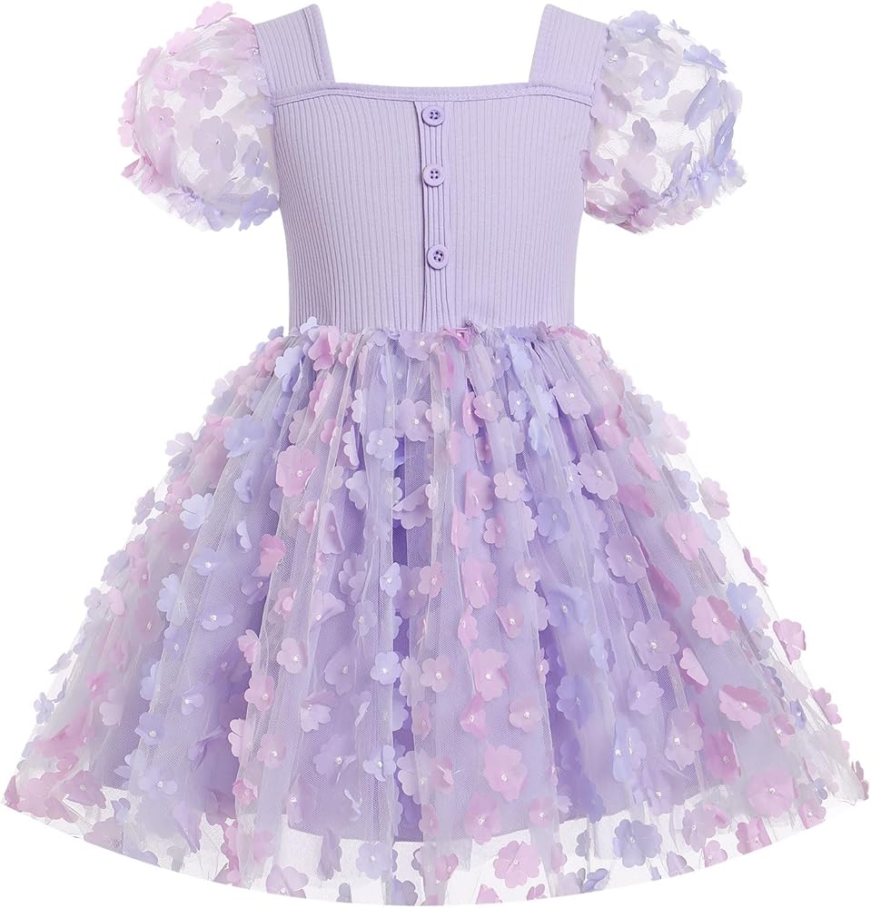 FYMNSI Kids Girls Ribbed Knit Rainbow Butterflies Princess Dress Ruffle Mesh Tulle Tutu Dress Birthday Summer Causal Clothes