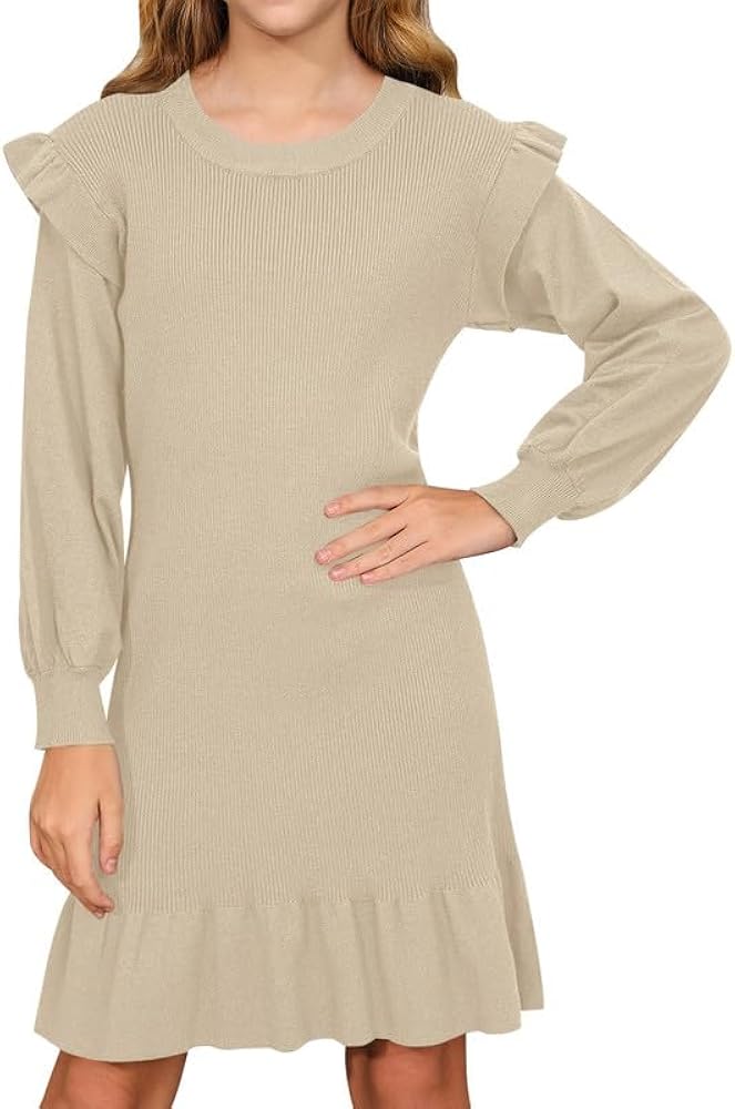 BesserBay Girls Ruffle Lantern Long Sleeve Midi Knit Fall Crew Neck Sweater Dress 4-12 Years