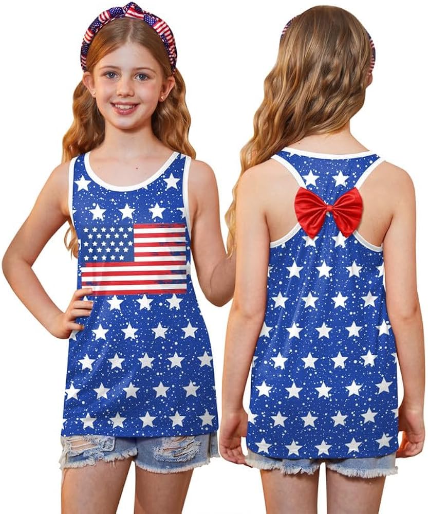 4th of July Girls American Flag Back Bow Patriotic Tank Tops 4-12 Years