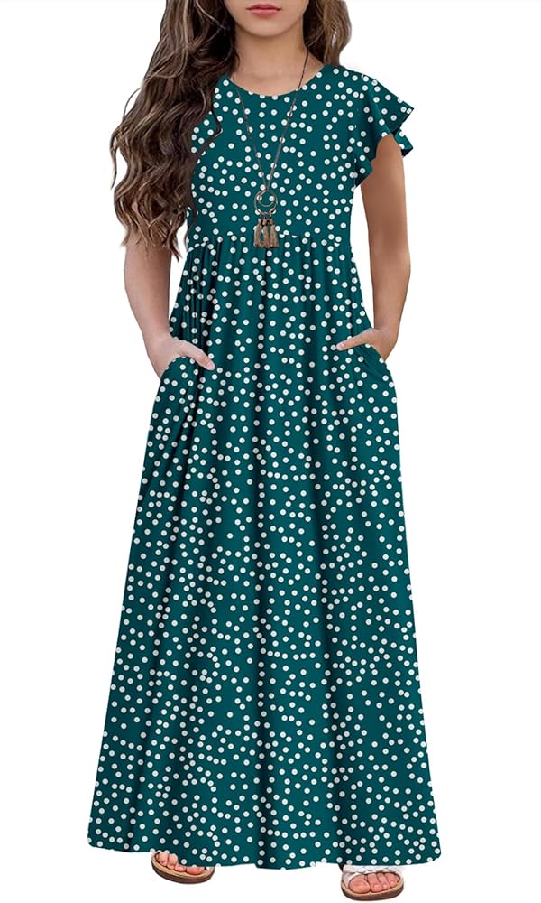 HOSIKA Girls Floral Maxi Dress Boho Ruffle Sleeve Pleated Casual A-line Swing Dresses with Pockets 6-12 Years