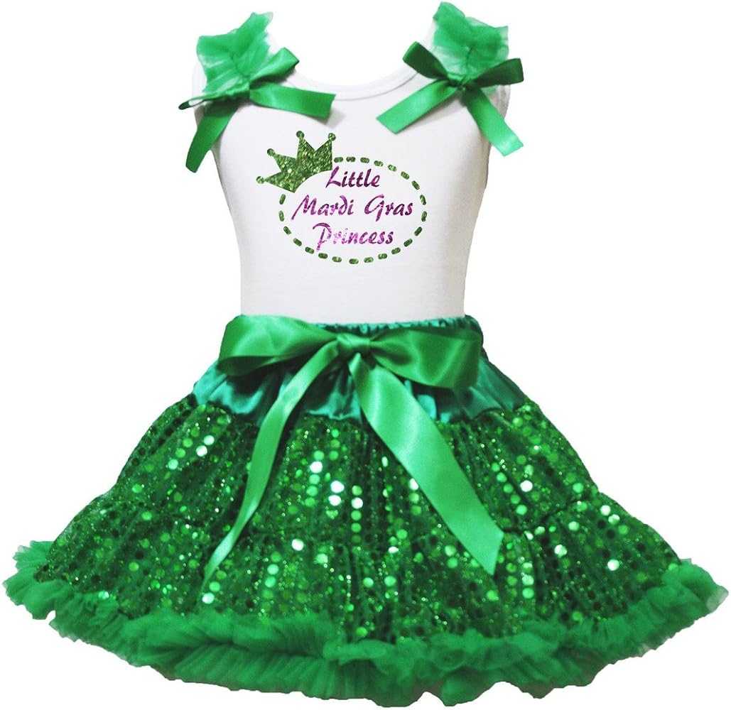 Petitebella Little Mardi Gras Princess White Shirt Green Sequins Outfit Set 1-8y