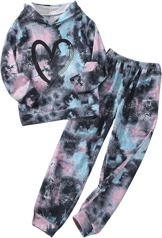 SweatyRocks Girl's 2 Piece Outfits Tie Dye Heart Print Long Sleeve Drop Shoulder Hoodie Sweatshirt and Jogger Sweatpants Set