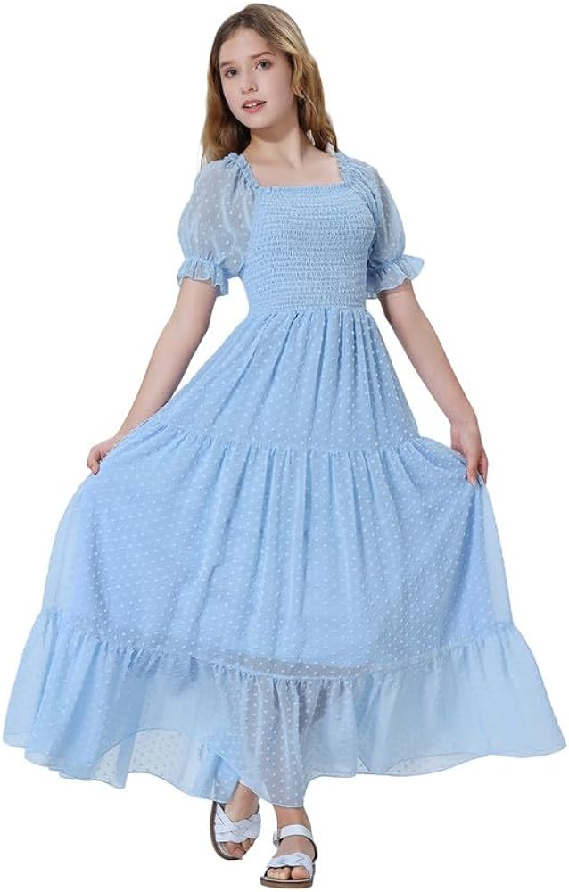 Mebius Girls Square Neck Short Sleeve Long Maxi Dress Smocked Summer Casual A-line Flowy Dress Swiss Dots for 6-12 Years